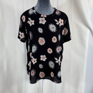 LOFT Black Floral Short-Sleeve Crewneck Top with Blush and Cream Blooms